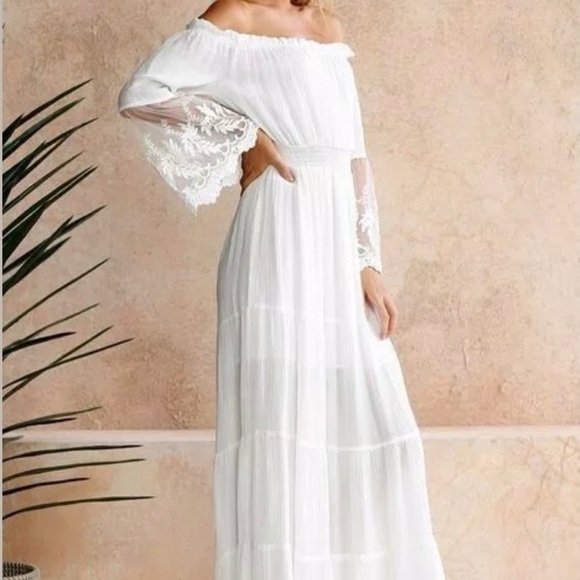 WHITE BOHO LACE MAXI DRESS WITH A BANDEAU NECK - LAST ONE! - Picture 3 of 9